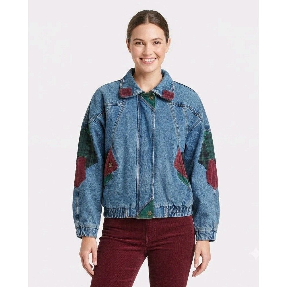 Vintage Be In The Current Seen Denim Bomber Jacket Sz M Plaid Patchwork 90s Y2K